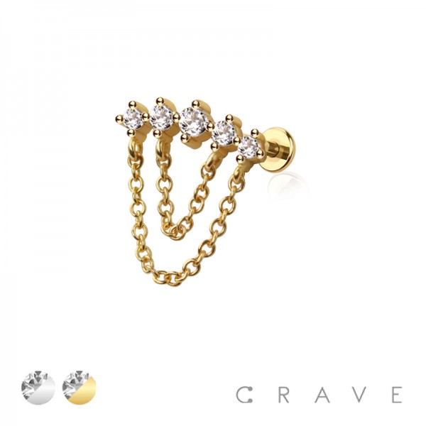 MULTI ROUND CZ DANGLE CHAIN TOP 316L SURGICAL STEEL THREADLESS (PUSH IN ) LABRET SET